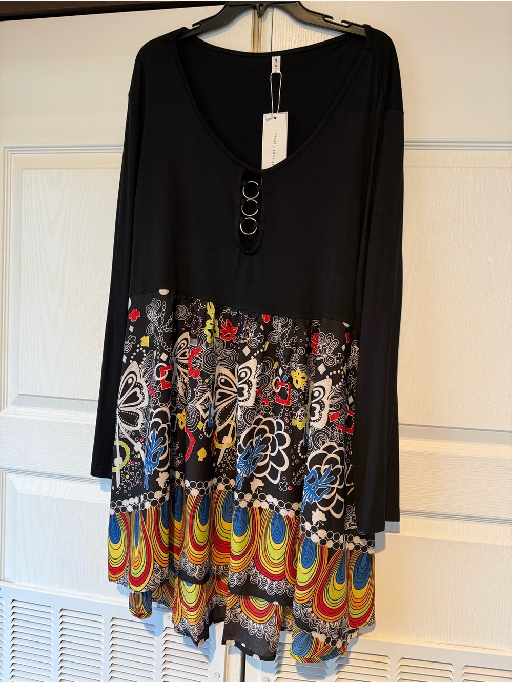 Rose Gal Long Sleeve Color-Block Black Dress Multi-Color Lower Panel   size 4X